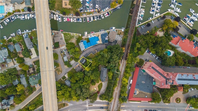 drone / aerial view featuring a water view