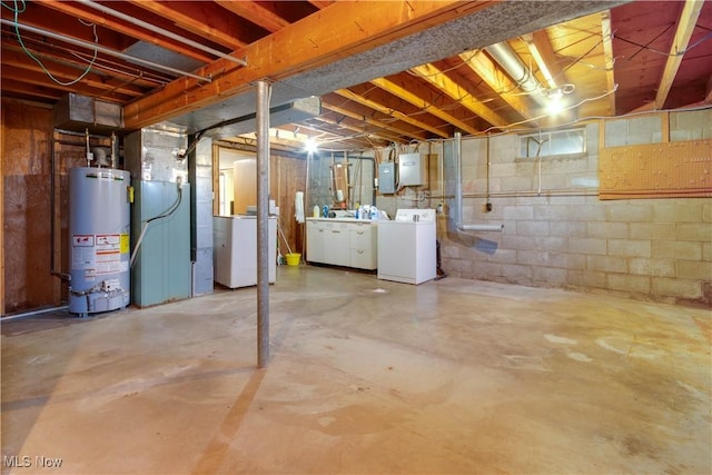 1701 New England Ridge Rd, Washington, WV 26181 - unfinished basement featuring washer and dryer, electric panel, and water heater