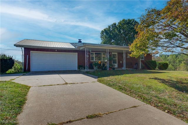 1701 New England Ridge Rd, Washington, WV 26181 - ranch-style house with covered porch, a front lawn, brick siding, a garage, and driveway