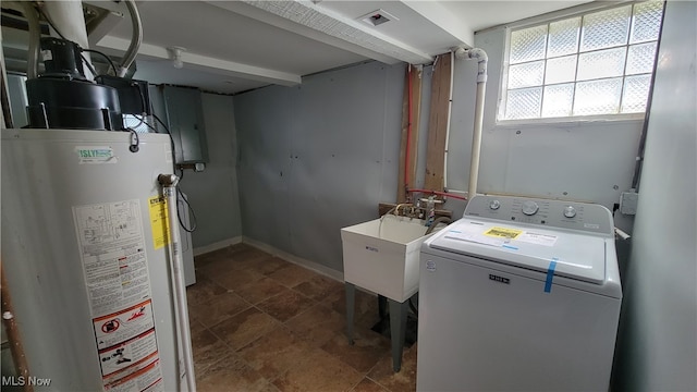 laundry room with gas water heater and washer / clothes dryer