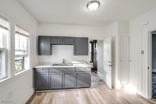 kitchen with gray cabinets, light hardwood / wood-style floors, and sink