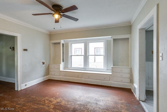 unfurnished bedroom with crown molding, dark hardwood / wood-style floors, and ceiling fan