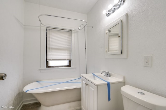 bathroom with a bathing tub, vanity, and toilet