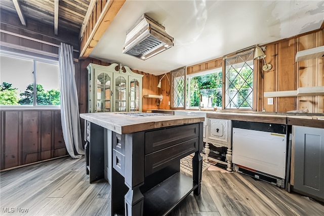 kitchen featuring a wealth of natural light, wood walls, light hardwood / wood-style floors, and a kitchen island