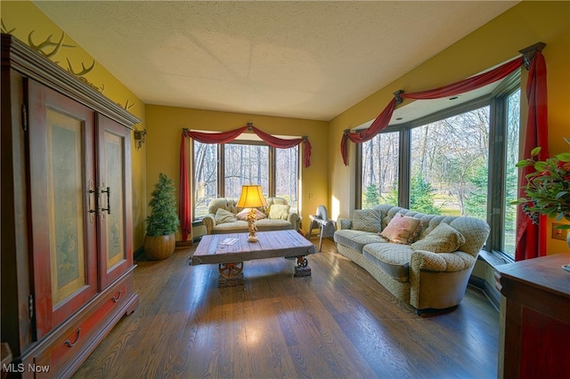 living room featuring a textured ceiling, dark hardwood / wood-style floors, and a healthy amount of sunlight