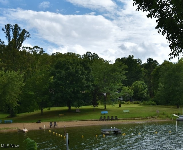 view of home's community with a water view and a yard