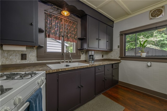 kitchen with white range with gas cooktop, plenty of natural light, sink, and dark hardwood / wood-style floors