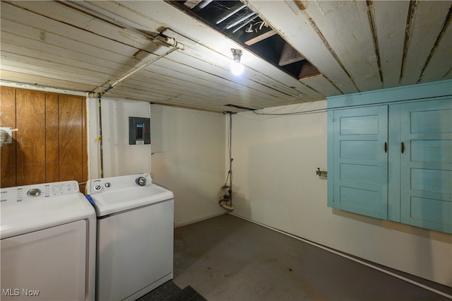 laundry area with electric panel and washer and dryer