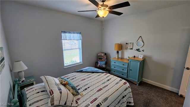 bedroom with ceiling fan and dark carpet