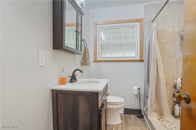 bathroom with wood-type flooring, vanity, toilet, and curtained shower