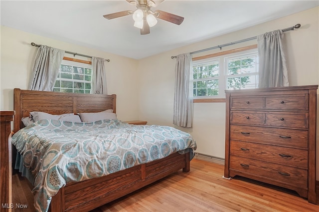 bedroom featuring light hardwood / wood-style flooring and ceiling fan