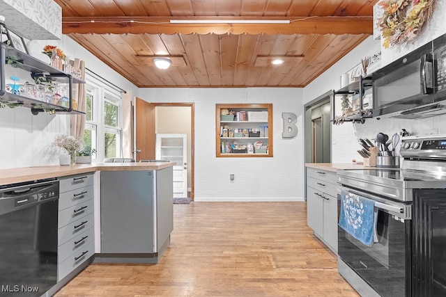 kitchen with light wood-type flooring, wood ceiling, wooden counters, and black appliances