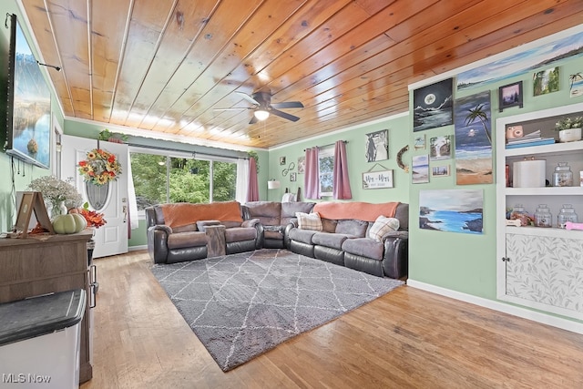 living room featuring wood ceiling, ceiling fan, hardwood / wood-style flooring, and crown molding