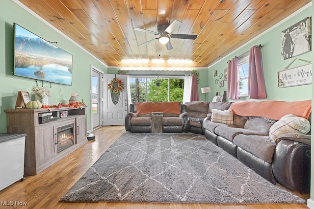 living room featuring ceiling fan, hardwood / wood-style flooring, wood ceiling, and crown molding