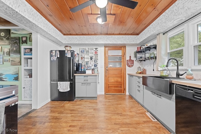 kitchen with light hardwood / wood-style flooring, black appliances, a tray ceiling, and sink