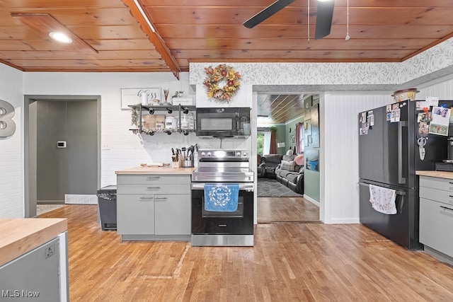 kitchen featuring gray cabinets, light wood-type flooring, black appliances, wooden ceiling, and wooden walls