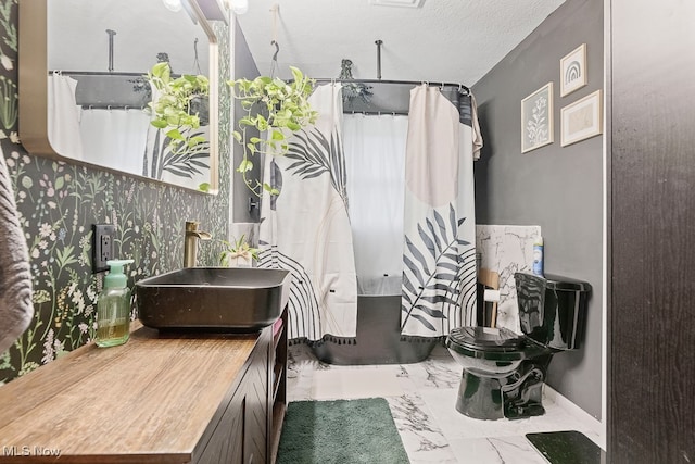 bathroom featuring a textured ceiling, vanity, and toilet