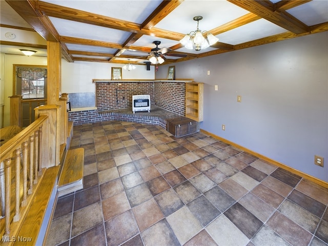 unfurnished living room with coffered ceiling, heating unit, a brick fireplace, beam ceiling, and ceiling fan