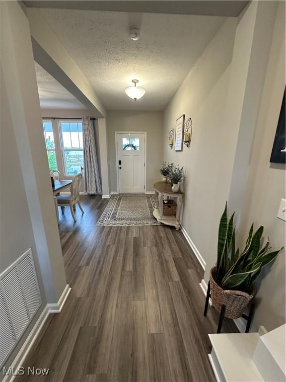 foyer with dark hardwood / wood-style floors and a textured ceiling