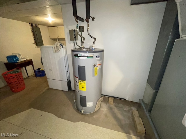 utility room featuring water heater, electric panel, and washer / dryer