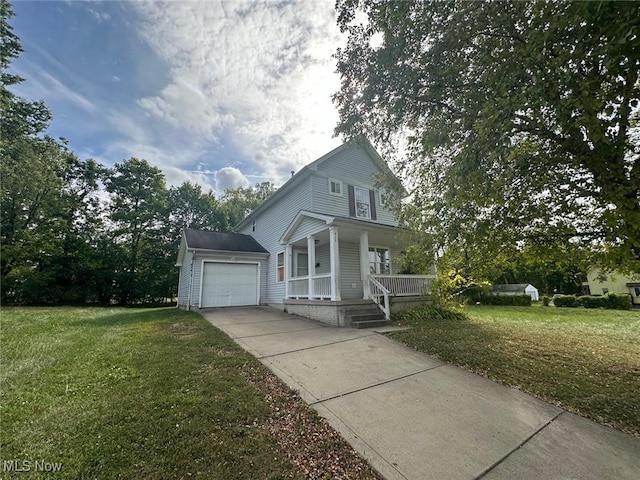 view of front of house featuring an outdoor structure, a garage, a porch, and a front lawn