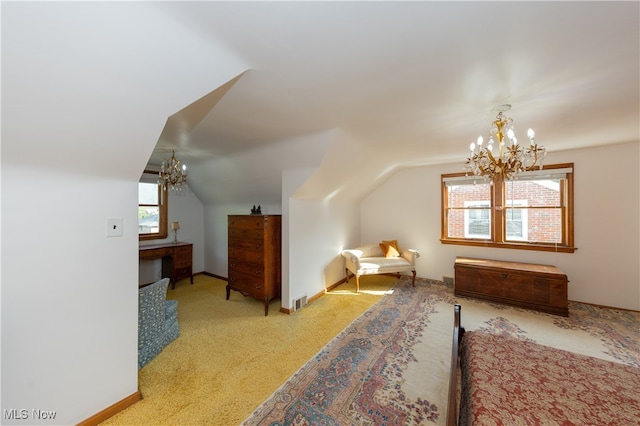 carpeted bedroom featuring multiple windows, a notable chandelier, and lofted ceiling