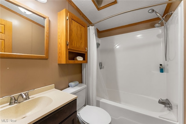 full bathroom with vanity, a textured ceiling, shower / bath combo with shower curtain, crown molding, and toilet