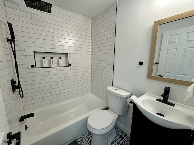 full bathroom with tiled shower / bath combo, vanity, toilet, and tile patterned floors