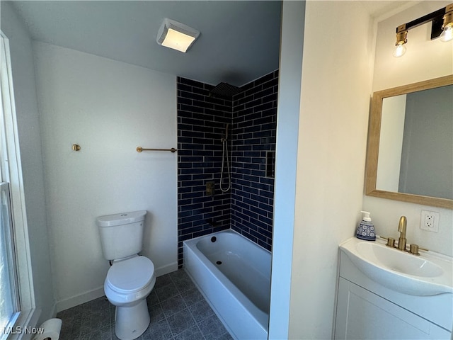 full bathroom with tiled shower / bath, vanity, tile patterned flooring, and toilet