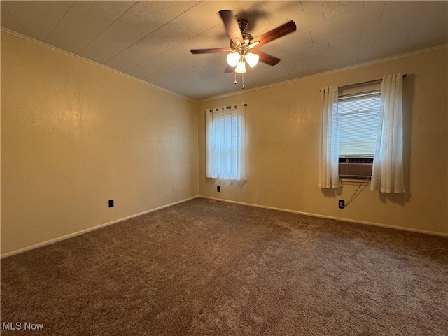 carpeted spare room with ceiling fan, cooling unit, and ornamental molding