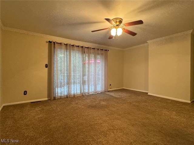 carpeted spare room featuring ceiling fan, crown molding, and a textured ceiling