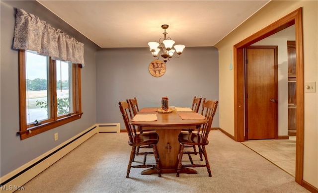 carpeted dining area with a notable chandelier and a baseboard heating unit