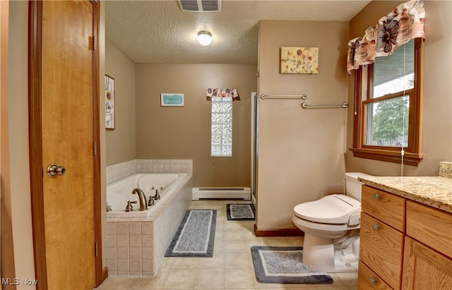 bathroom with vanity, a textured ceiling, a relaxing tiled tub, toilet, and a baseboard heating unit