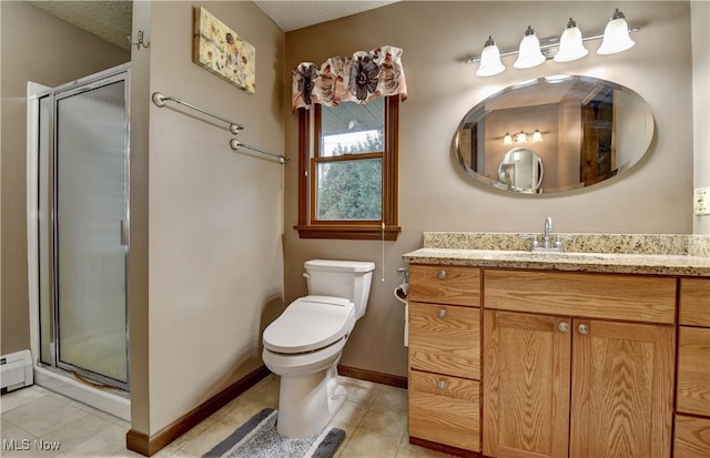 bathroom with vanity, a shower with shower door, toilet, and a textured ceiling