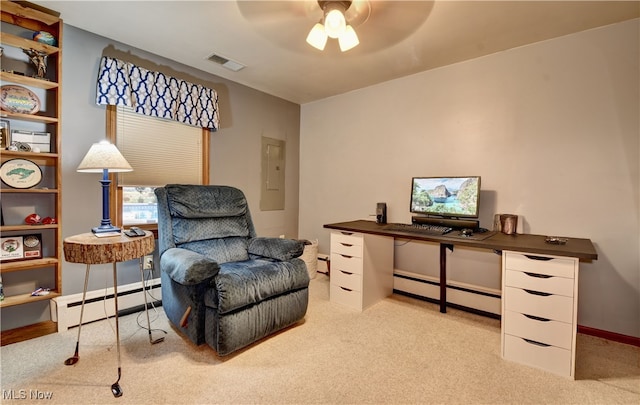 living area featuring light carpet, ceiling fan, and baseboard heating