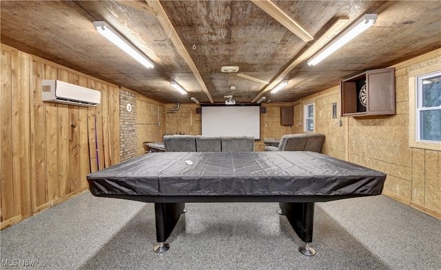 rec room with carpet flooring, billiards, wood walls, and a wall mounted air conditioner