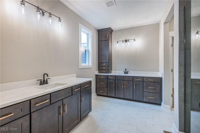 bathroom featuring a shower with door and vanity