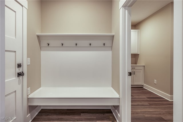 mudroom with dark wood-type flooring and baseboards