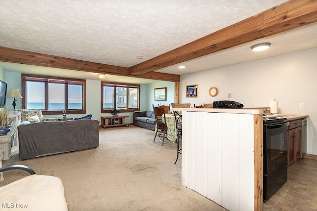 interior space with beam ceiling, a water view, a textured ceiling, and light carpet