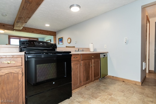 kitchen with black / electric stove, dishwasher, sink, and a textured ceiling