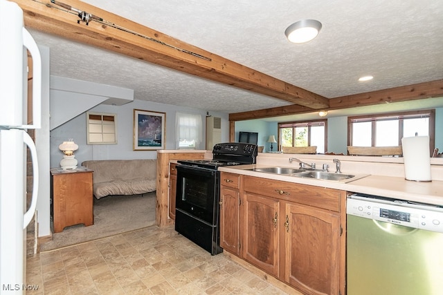 kitchen with dishwasher, a textured ceiling, black electric range oven, and sink