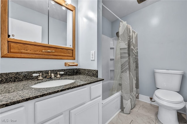 full bathroom featuring vanity, toilet, and shower / bathtub combination with curtain