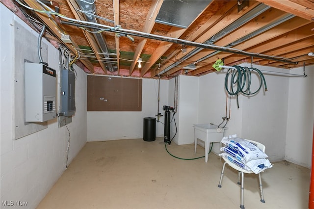 basement featuring electric panel and sink