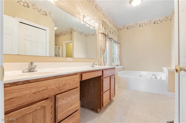 bathroom with independent shower and bath and vanity