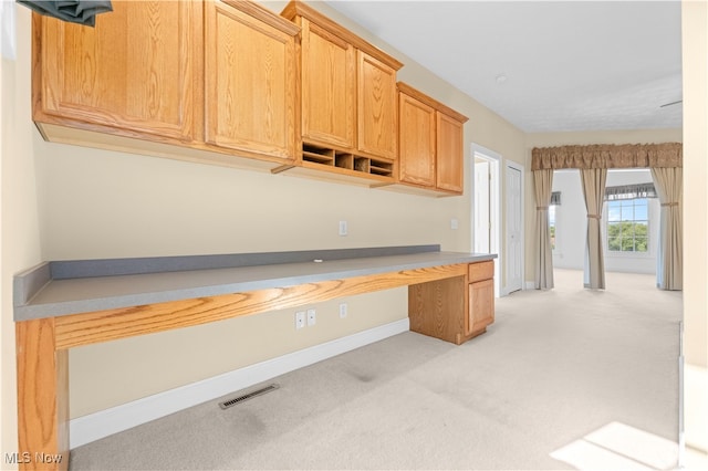 kitchen with light brown cabinets and light colored carpet