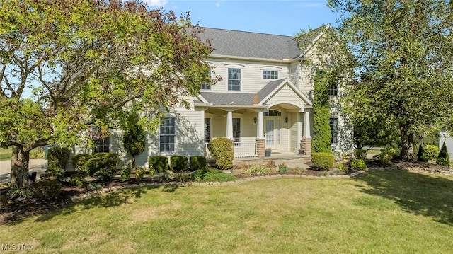 view of front of house with a porch and a front lawn