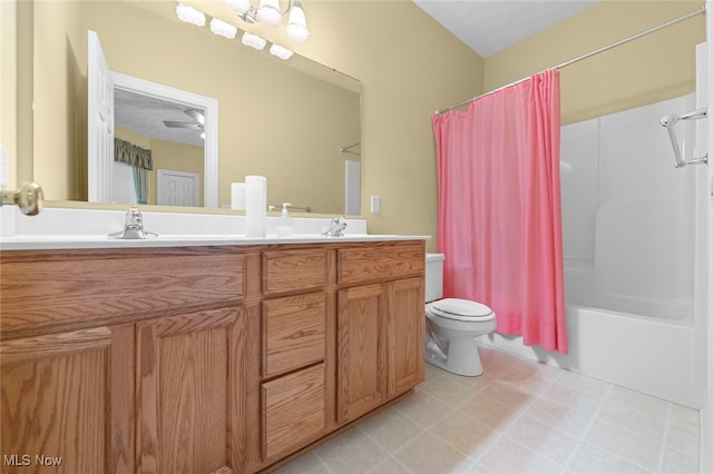 full bathroom featuring ceiling fan, vanity, a textured ceiling, shower / bath combo with shower curtain, and toilet