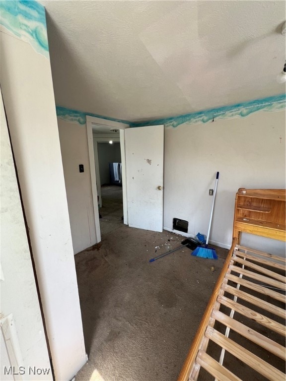 interior space with a textured ceiling and carpet flooring