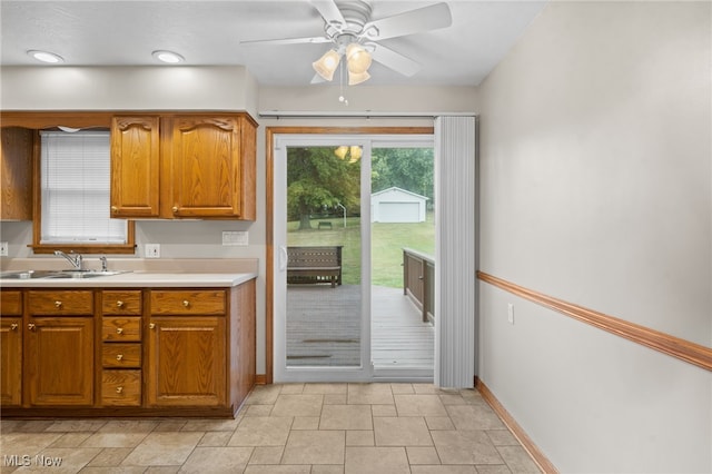 kitchen with ceiling fan and sink