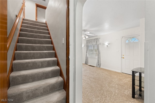 staircase with ceiling fan and carpet flooring